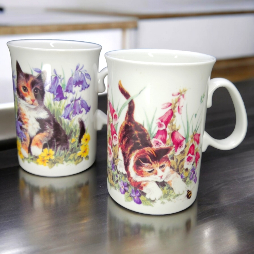 Lot Of 2 Vintage Jason Fine Bone China Cat/Kitties Mug England Kittens Garden
